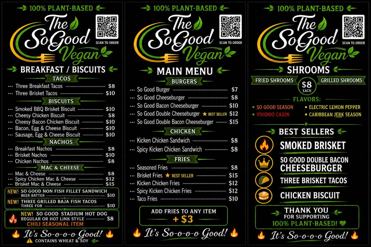 Three menu pages for So Good Vegan restaurant showing breakfast, main menu, and fried shrooms with prices and best sellers highlighted